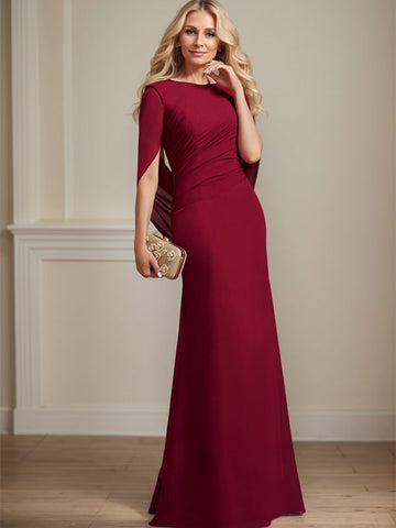 Vestido de gasa para madre de la novia con escote barco, corte trompeta/sirena, largo hasta el suelo, con pliegues 