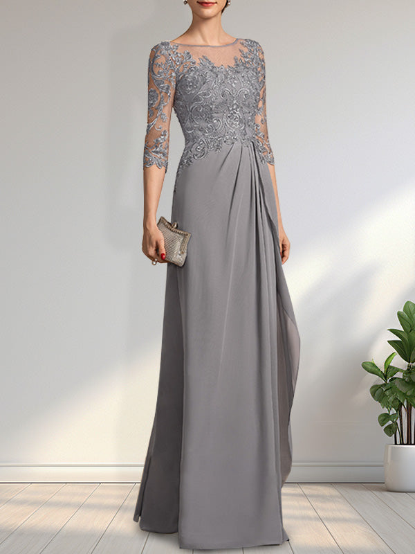 A-Linien-Kleid mit U-Boot-Ausschnitt, Illusion-Effekt, bodenlang, aus Chiffon und Spitze, mit Perlen, Pailletten und kaskadenartigen Rüschen – perfekt für die Mutter der Braut.