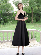 A-Linien-Satin-Abschlussballkleid mit V-Ausschnitt in Teelänge, elegantes Kleid