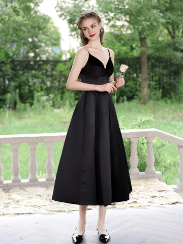 A-Line V Neck Tea Length Satin Black Prom Dress Formal Dress