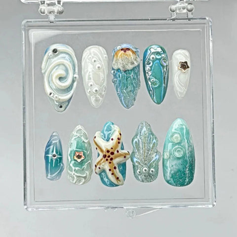 3D Starfish and OctopusCarefully designed pure handmade press-on gel nails