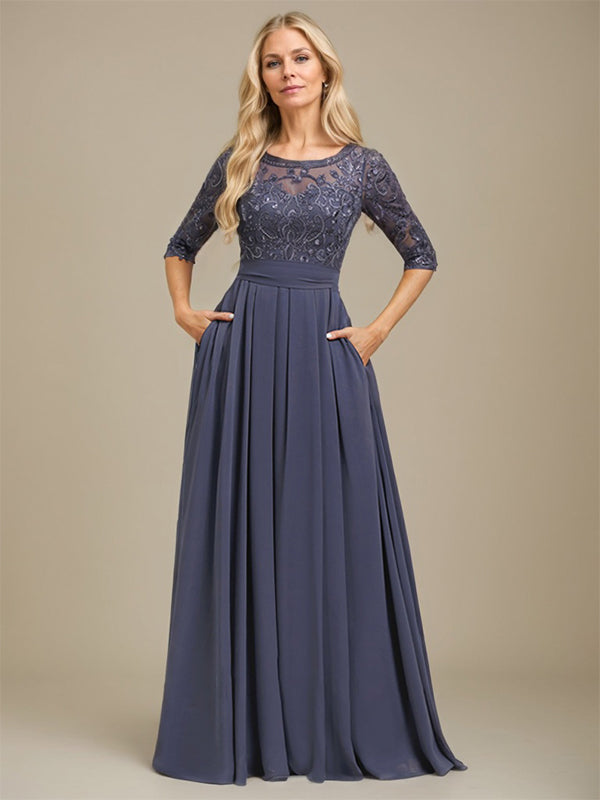 A-Linien-Kleid aus Chiffon mit Paillettenapplikationen und Rundhalsausschnitt, bodenlang, für die Mutter der Braut 