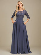 A-Linien-Kleid aus Chiffon mit Paillettenapplikationen und Rundhalsausschnitt, bodenlang, für die Mutter der Braut 