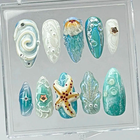 3D Starfish and OctopusCarefully designed pure handmade press-on gel nails