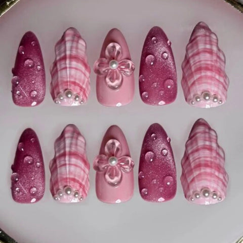 3D Pink Shells NailsCarefully designed pure handmade press-on gel nails