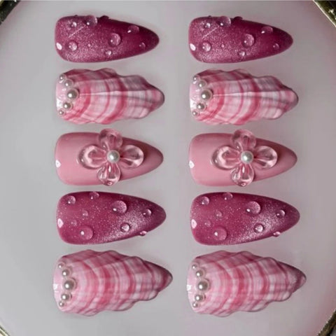 3D Pink Shells NailsCarefully designed pure handmade press-on gel nails