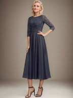 A-Linien-Kleid mit Rundhalsausschnitt, Teelänge, Spitze, Chiffon, Pailletten, für die Mutter der Braut