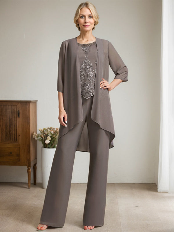 Vestido de madre de la novia de gasa con encaje, escote redondo y lentejuelas y mono/pantalón separado 
