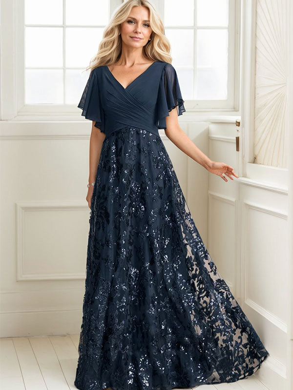 A-Linien-Kleid mit V-Ausschnitt, bodenlang, aus Spitze, Pailletten und Chiffon, ideal für die Mutter der Braut, mit Falten