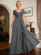 A-Linien-Kleid mit herzförmigem Herzausschnitt, bodenlang, aus Chiffon und Spitze, mit Perlenstickerei und Kaskadenrüschen – ideal für die Mutter der Braut