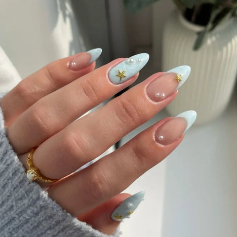 Hot SaleFrench Blue Starfish NailsHandmade Artificial Gel Nail Press-On Nails