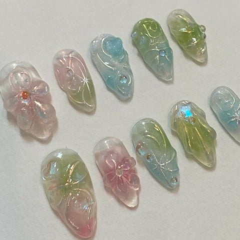Hot SaleGreen Flower Almond NailsHandmade Artificial Gel Nail Press-On Nails