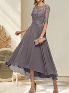 A-Linien-Kleid mit U-Boot-Ausschnitt, Illusion-Effekt, asymmetrischem Chiffon-Spitzenbesatz und Paillettenstickerei für die Mutter der Braut.