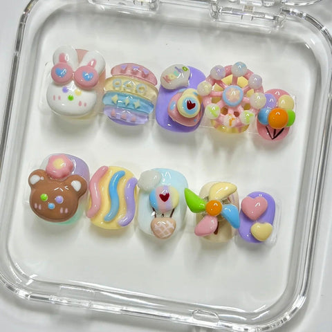 Hot SaleHot sale happy bear rotating ferris wheel short square nails handmade nailsHandmade Artificial Gel Nail Press-On Nails