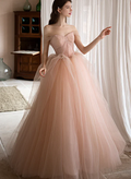 Schulterfreies, langes, formelles Kleid aus rosa Tüll in A-Linie, Prinzessinnen-Stil, Abendkleid