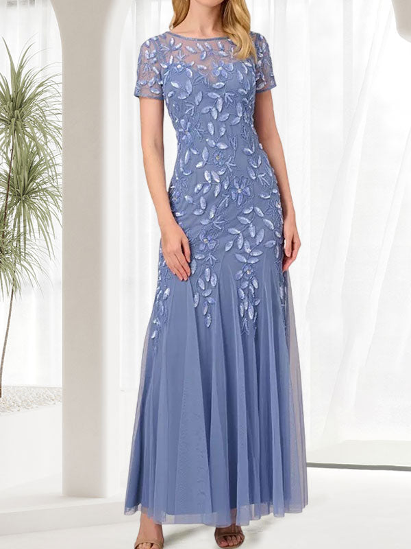 Vestido largo de sirena azul con cuello redondo para madre de la novia con abalorios