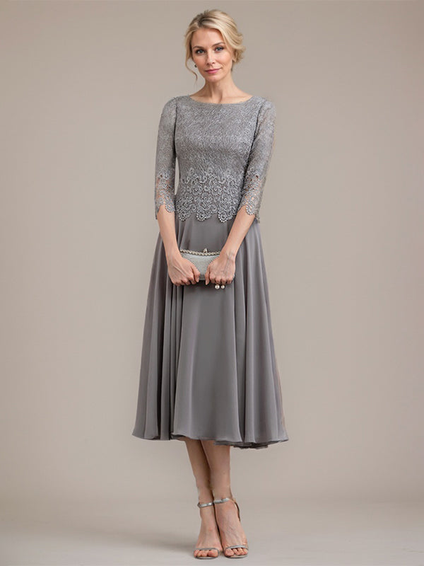 A-Linien-Kleid aus Chiffon mit Rundhalsausschnitt und Teelänge für die Mutter der Braut 