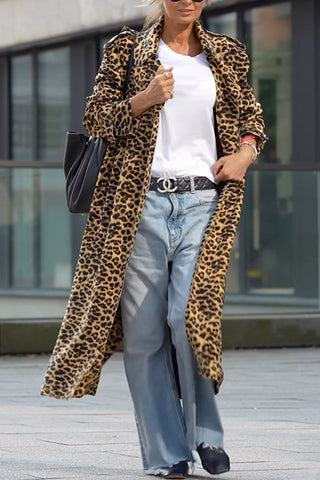 Meridress Revers Offene Vorderseite Leopard Midi Trendy Mantel