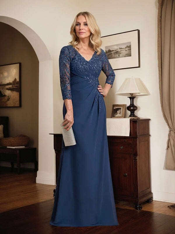 Etuikleid/Säulenkleid mit V-Ausschnitt, Illusion-Detail, bodenlang, aus Chiffonspitze und plissierten Pailletten für die Mutter der Braut 