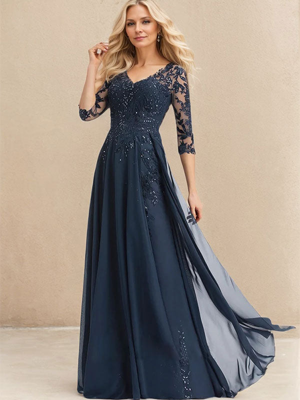 A-Linien-Kleid aus Chiffon mit V-Ausschnitt, bodenlang, mit Pailletten besetzt – ideal für die Mutter der Braut