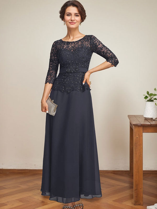Vestido de gasa con encaje y escote ilusión hasta los tobillos para madre de la novia con cuentas de diamantes de imitación 