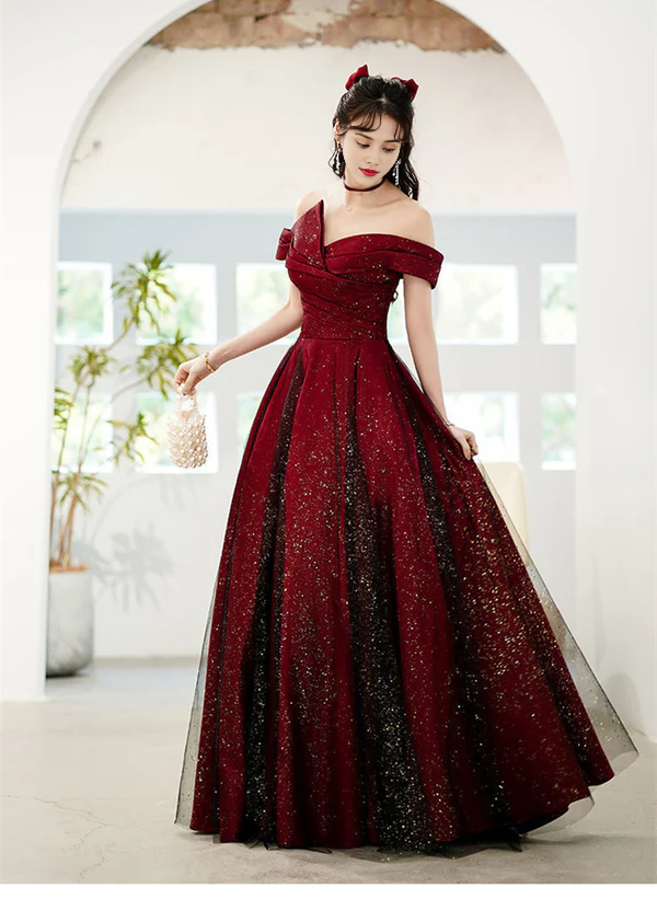 A-Linien-Prinzessin, glitzernd und schwarz, schulterfreies Satin-Partykleid, langes Abendkleid