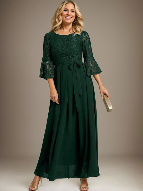 A-Linien-Kleid aus Chiffon mit Rundhalsausschnitt und Schleife, knöchellang, für die Mutter der Braut