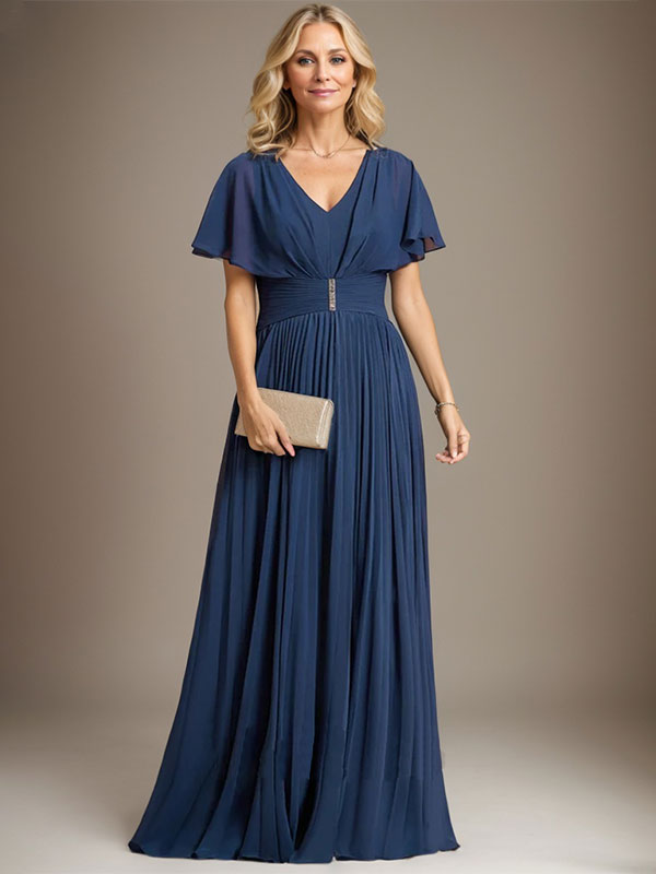 A-Linien-Chiffonkleid mit V-Ausschnitt, bodenlang, für die Mutter der Braut, mit Kristallbrosche und Falten 