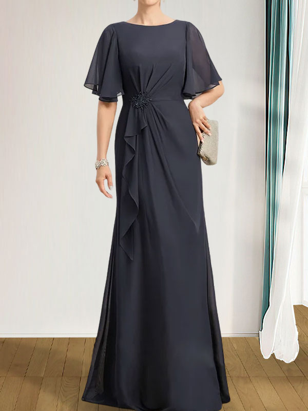 A-Linien-Kleid aus Chiffon in Bodenlänge für die Mutter der Braut mit kaskadenartigen Rüschen, Perlen und Pailletten