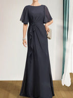 A-Linien-Kleid aus Chiffon in Bodenlänge für die Mutter der Braut mit kaskadenartigen Rüschen, Perlen und Pailletten