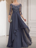 A-Linien-Kleid mit U-Boot-Ausschnitt, Illusion-Effekt, bodenlang, aus Chiffon und Spitze, mit Kaskadenrüschen – perfekt für die Mutter der Braut