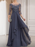 A-Linien-Kleid mit U-Boot-Ausschnitt, Illusion-Effekt, bodenlang, aus Chiffon und Spitze, mit Kaskadenrüschen – perfekt für die Mutter der Braut