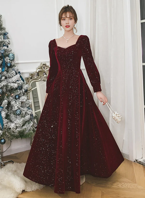 Vestido formal largo de terciopelo con mangas largas y corte A, para fiesta de graduación, para invitados de boda