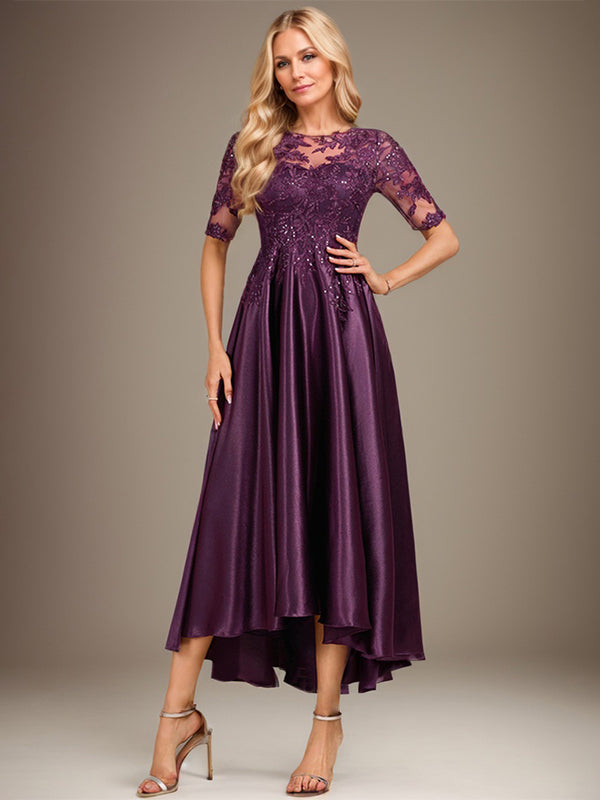 A-Linien-Kleid mit asymmetrischem, transparentem Ausschnitt, Stretch-Satinspitze und Pailletten für die Mutter der Braut 