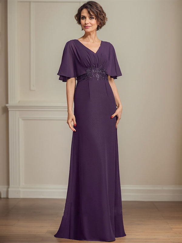 A-Linien-Kleid aus Chiffon mit V-Ausschnitt, bodenlang, für die Mutter der Braut, mit plissierten Paillettenapplikationen und Spitze