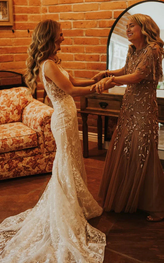 Mermaid V-neck Lace Sleeveless Wedding Dress with Sweep Train Simple Elegant Ethereal