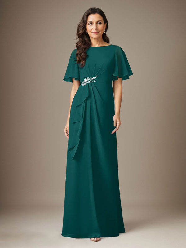 Dunkelblaues Etuikleid aus Chiffon mit Perlenbesatz
