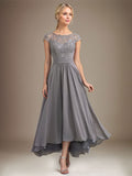 A-Linien-Kleid aus Chiffon mit asymmetrischem, plissiertem Spitzeneinsatz und Illusion-Ausschnitt für die Mutter der Braut 