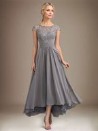 A-Linien-Kleid aus Chiffon mit asymmetrischem, plissiertem Spitzeneinsatz und Illusion-Ausschnitt für die Mutter der Braut 