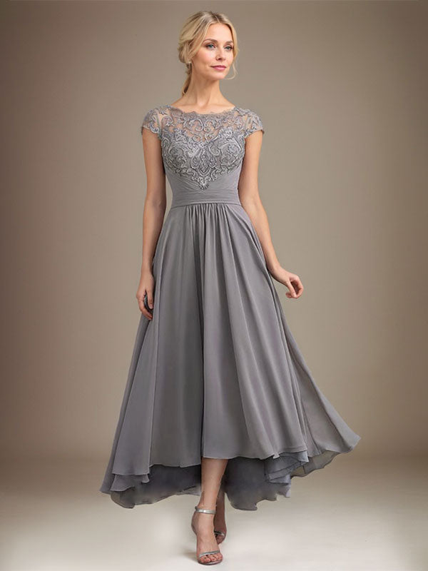 A-Linien-Kleid aus Chiffon mit asymmetrischem, plissiertem Spitzeneinsatz und Illusion-Ausschnitt für die Mutter der Braut 