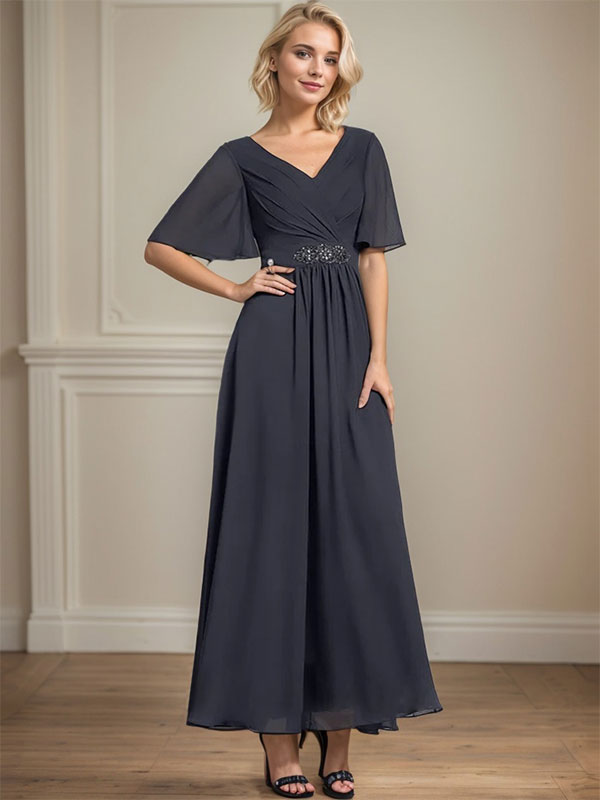 Vestido de gasa para madre de la novia, corte A, escote en V, largo hasta los tobillos, con lentejuelas y cuentas plisadas