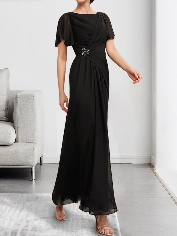 A-Linien-Chiffonkleid mit Rundhalsausschnitt, knöchellang, mit Perlenstickerei und Falten für die Mutter der Braut
