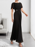 A-Linien-Chiffonkleid mit Rundhalsausschnitt, knöchellang, mit Perlenstickerei und Falten für die Mutter der Braut