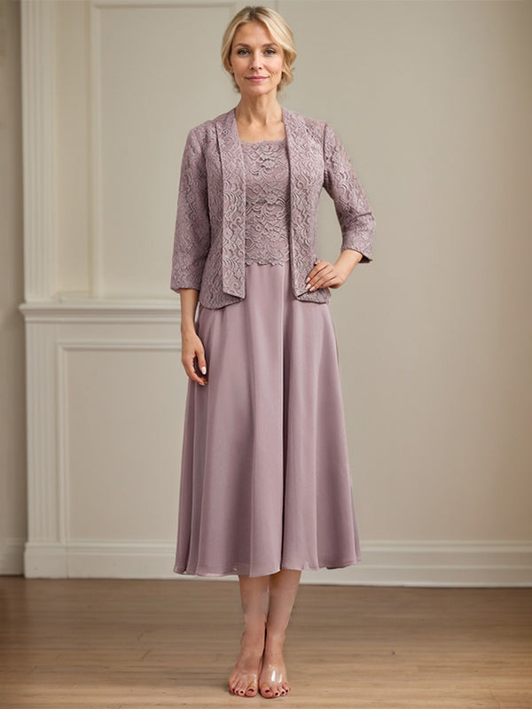 Vestido de gasa con encaje y escote redondo hasta la rodilla para madre de la novia 