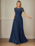 Dunkelblaues A-Linien-Pailletten-Chiffonkleid mit U-Boot-Ausschnitt 