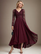 A-Linien-Kleid aus Chiffon mit V-Ausschnitt und asymmetrischer Spitze für die Mutter der Braut