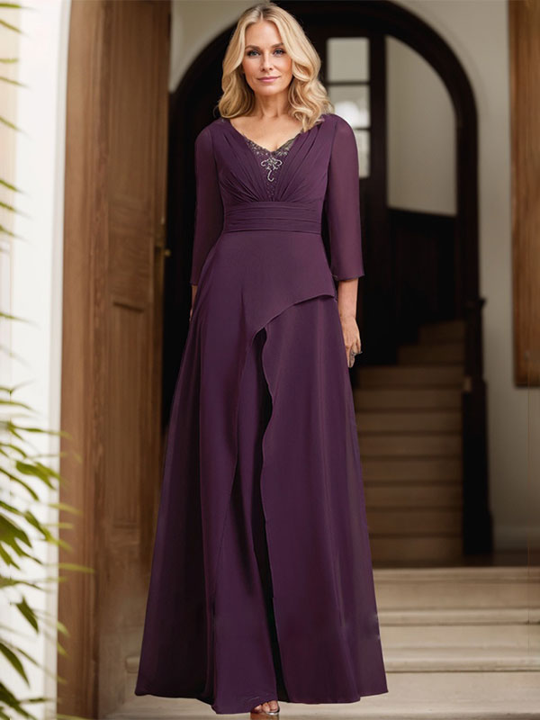 A-Linien-Kleid aus Chiffon mit V-Ausschnitt, bodenlang, für die Mutter der Braut, mit plissierter Perlenstickerei