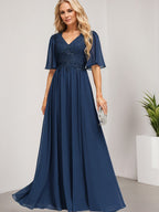 A-Linien-Kleid aus Chiffon mit V-Ausschnitt, bodenlang, mit Pailletten besetzt – ideal für die Mutter der Braut 