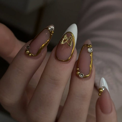 Hot SaleGolden Butterfly Fashion French Almond NailHandmade Artificial Gel Nail Press-On Nails