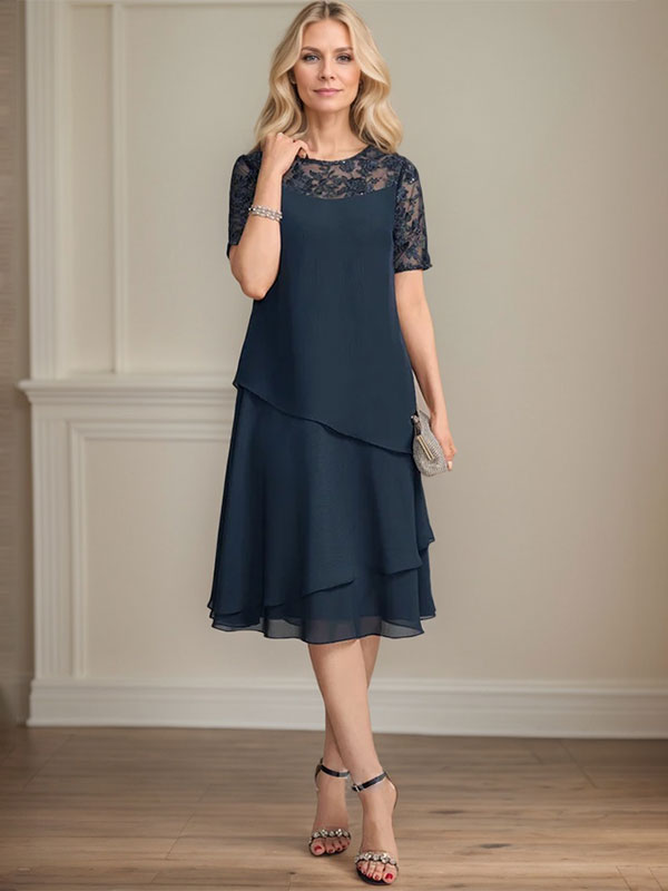 A-Linien-Kleid mit Rundhalsausschnitt, Illusion-Effekt, knielang, aus Spitze und Chiffon mit Pailletten für die Mutter der Braut